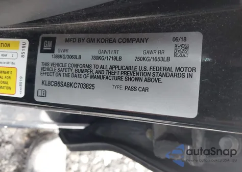 2019 Chevrolet Spark Ls Cvt z USA, uszkodzony, nr VIN KL8CB6SA8KC703825